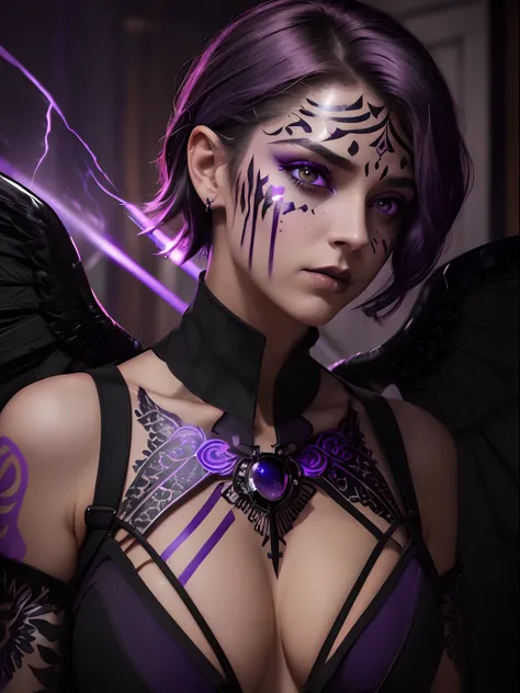 ((1woman 38yo)), ((very realistic)), ((short hair, violet hair with silver highlights)), ((gradient hair)), violet eyes, (((red-orange warpaint, tribal facepaint))), small breasts, full lips, pouty lips, (face focus:1.8), (black wings:1.6), (wearing black ...