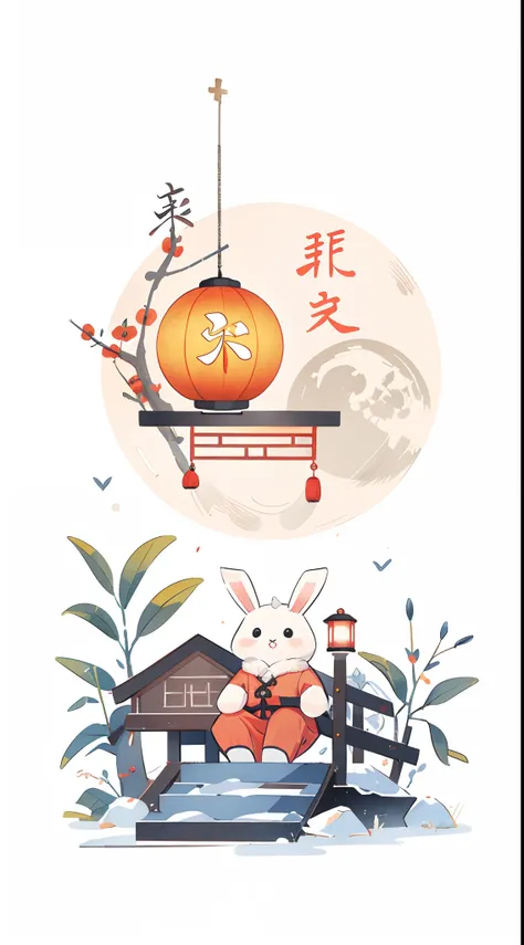 （A rabbit：1.4）, sat on the ground, Looking up, （（Mid-Autumn Festival atmosphere，sweet osmanthus，Kongming Lantern，Meniscus，Moon cake）），（Chinese kanji：1.3），Traditional Chinese illustration style, Digital art, Simple background, Masterpiece on white backgroun...