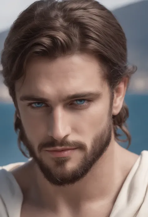 Poseidon, shoulder length brown hair, beard, ocean blue eyes, chiton, greek toga, muscular. Black and white, realistic anime. Realistic hyper-detailed portraits, masculine, western style portraits, digital art techniques