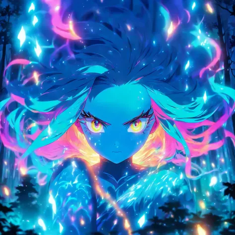 female with glowing teal eyes, rainbow colored hair casting glowing spells inside of a mystical forest