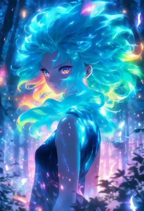 (best quality,4k,8k,highres,masterpiece:1.2),ultra-detailed,(realistic,photorealistic,photo-realistic:1.37),female with glowing teal eyes,rainbow colored hair,casting glowing spells,mystical forest,illustration,enchanted atmosphere,vibrant colors,soft ligh...