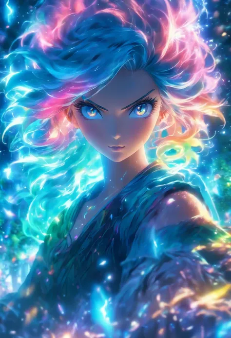 (best quality,4k,8k,highres,masterpiece:1.2),ultra-detailed,(realistic,photorealistic,photo-realistic:1.37),female with glowing teal eyes,rainbow colored hair,casting glowing spells,mystical forest,illustration,enchanted atmosphere,vibrant colors,soft ligh...