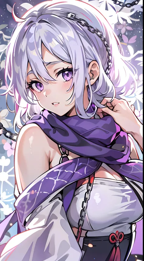 upper body, 1woman, white hair, Long Haired, purple eyes, (ninurple scarf, purple wagasa, big breats, wallpaper, Chain background, light particles, purple sakura, (masterpiece), best quality, Top Quality, pale white skin,