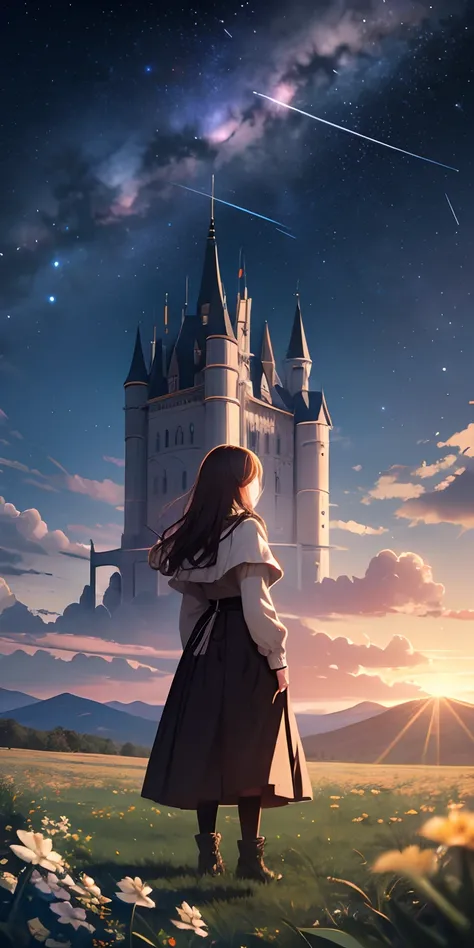 Vast landscape photos、Girl standing on the prairie looking up at the sky、shooting stars、Castles in medieval Europe