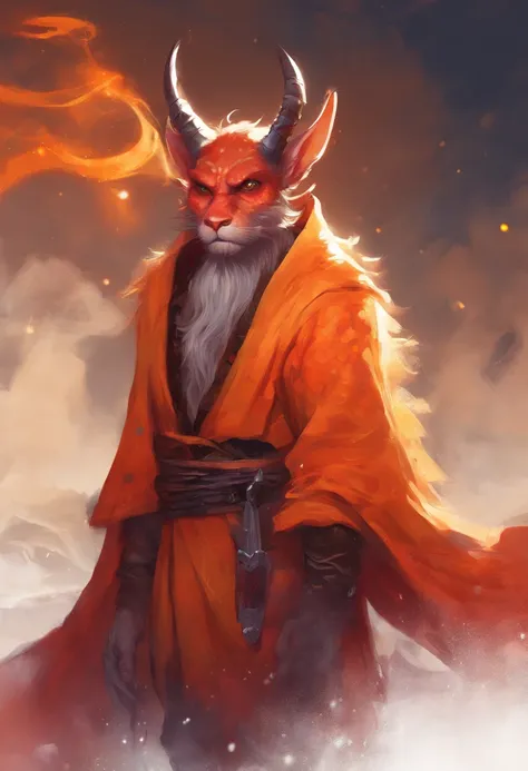 A red-skinned goblin (inspected from the red-skinned Japanese Oni demon). The elf is dressed in a toga made of furry orange fur. the skin is orange in color with black dots and thin stripes and a round patch on the skin. The atmosphere is one of magic and ...