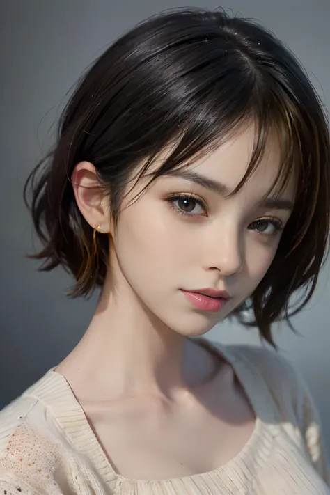 (masterpiece:1.3), (8k, photorealistic, RAW photo, best quality: 1.4), (1girl), beautiful face, (realistic face), (black hair, short hair:1.3), beautiful hairstyle, realistic eyes, beautiful detailed eyes, (realistic skin), beautiful skin, (sweater), absur...