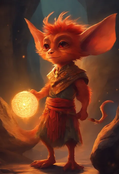 A red-skinned short goblin (inspected from the red-skinned Japanese Oni demon). The goblin is dressed in a toga made of furry orange fur. the skin is orange in color with black dots and thin stripes and a round patch on the skin. The atmosphere is one of m...