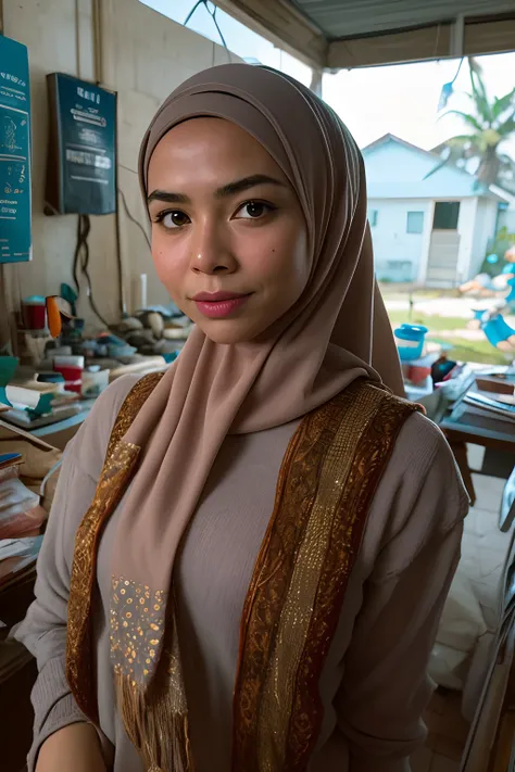 a matured malay woman in the style of nocturne, wearing hijab, dreamy atmosphere, dark cyan and red, i cant believe how beautiful this is, serene atmosphere, piles/stacks, flickering light, epic realistic, broken old boat in big storm, illustrated by herg,...