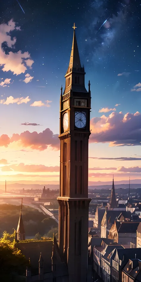 Vast landscape photos、The borders of Old Europe in the Middle Ages 100 years ago、Looking up from under the clock tower、tiny girl、The starry sky is beautiful、large clouds visible