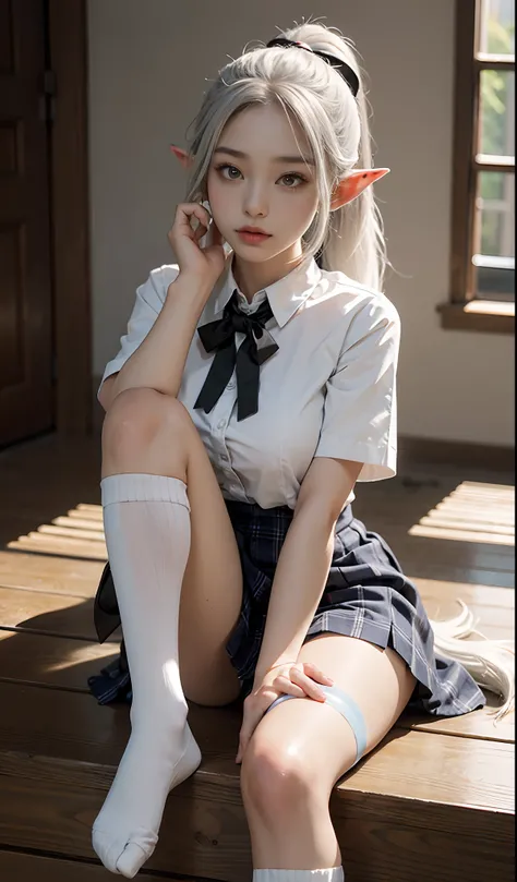 （Extremely normal body）Japanese-style town：1 Elf beauty，JK school uniform，(Elf long ears)，Short silver-white hair，Half-tied ponytail。Uniform for female high school students)，Short plaid skirt，Stretch your feet，Black short stockings，Black socks, Black socks...