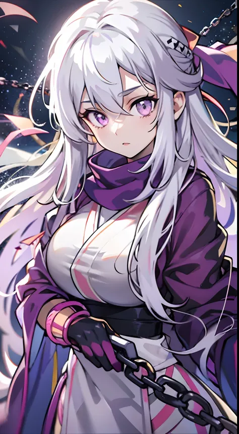 upper body, 1woman, white hair, Long Haired, purple eyes, (ninja), purple scarf, big breats, wallpaper, Chain background, light particles, (masterpiece), best quality, Top Quality, pale white skin,