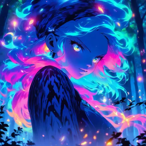 female with glowing teal eyes, rainbow colored hair casting glowing spells inside of a mystical forest, witch, goddess