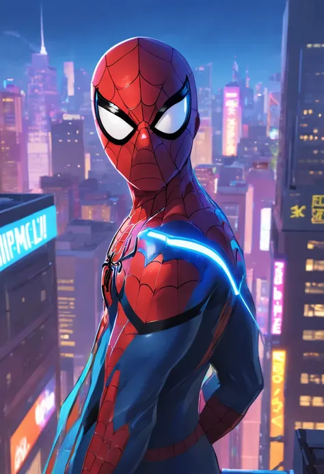 Spider - Man in a suit standing on a roof with a cyberpunk city in the background, bustling with neon signs, Pedro Lucia, Homem-Aranha, aranha - homem, Retrato do Homem-Aranha, hq 4k papel de parede, Aranha altamente detalhada - Man, peter parker como home...