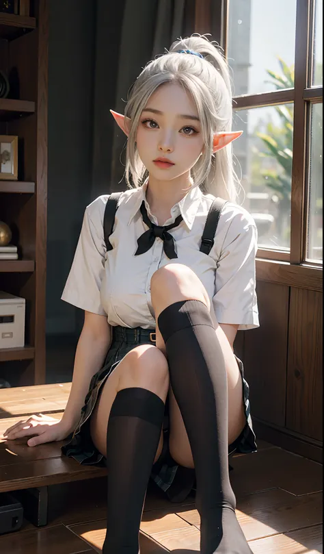 （Extremely normal body）Japanese-style town：1 Elf beauty，JK school uniform，(Elf long ears)，Short silver-white hair，Half-tied ponytail。Uniform for female high school students)，Short plaid skirt，Stretch your feet，Black short stockings，Black socks, Black socks...