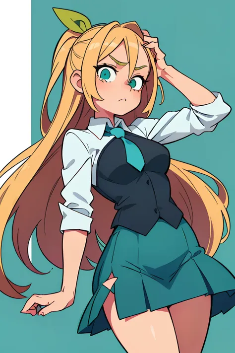 ((beste-Qualit, tmasterpiece)), 
a 1girl, blonde woman, long flowing hair, The left eye is green, Right blue in black and green top with blue tie, white skirt,