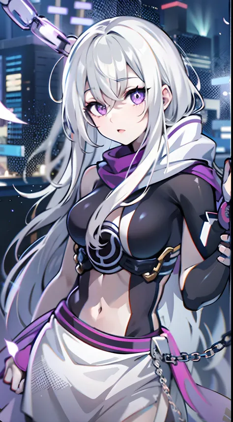 upper body, 1woman, white hair, Long Haired, purple eyes, (ninja), purple scarf, big breats, wallpaper, Chain background, light particles, (masterpiece), best quality, Top Quality, pale white skin, love eyes, sparkling eyes