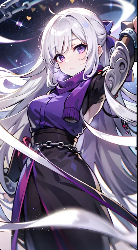 upper body, 1woman, white hair, Long Haired, purple eyes, (ninja), purple scarf, big breats, wallpaper, Chain background, light particles, (masterpiece), best quality, Top Quality, pale white skin, love eyes, sparkling eyes