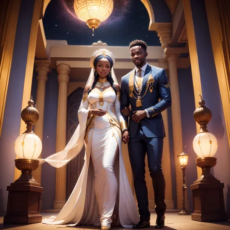 Low angle shot of a Happy African man marrying African woman both wearing African designed clothes, marriage ceremony on an  futuristic african designed temple, with lamps around the temple shining a bright light, surrounded by a celebrating congregation a...