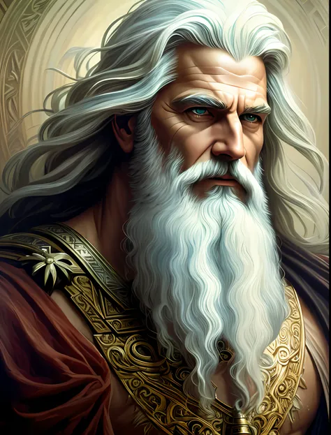 painted portrait of rugged zeus, god of thunder, greek god, on Mount Olympus, white hair, full body, mature, handsome, fantasy, intricate, elegant, highly detailed, digital painting, artstation, concept art, smooth, sharp focus, illustration, art by gaston...