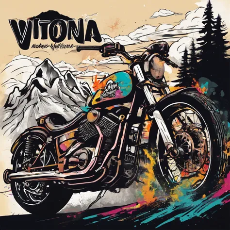 Make vector motorcycle adventure vintage logo design "Vitopna" with mountains, vintagestyle