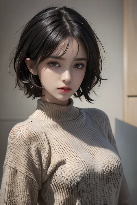 (masterpiece:1.3), (8k, photorealistic, RAW photo, best quality: 1.4), (1girl), beautiful face, (realistic face), (black hair, short hair:1.3), beautiful hairstyle, realistic eyes, beautiful detailed eyes, (realistic skin), beautiful skin, (sweater), absur...