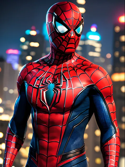 spider - man in a suit standing on a roof with a cyberpunk city in the background, bustling with neon signs, pedro lucia, homem-...