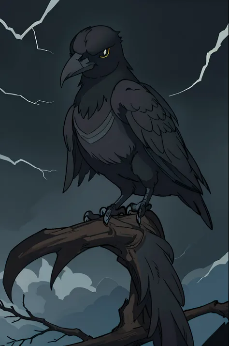 a crow with shiny black feathers, piercing eyes, perched on a tree branch, against a dark stormy sky, captured in a high-res photograph, with dramatic lighting and a sense of mystery, showcasing the fine details of the feathers and the intensity of the bir...