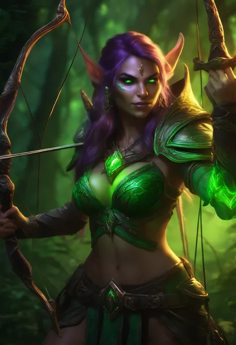 Female Nightelf Huntress with longbow, glowing green light eyes, world of warcraft, eerie, Creepy, nightmarish, Very bright colors, Light particles, with light glowing, Mshiff, wallpaper art, UHD wallpaper