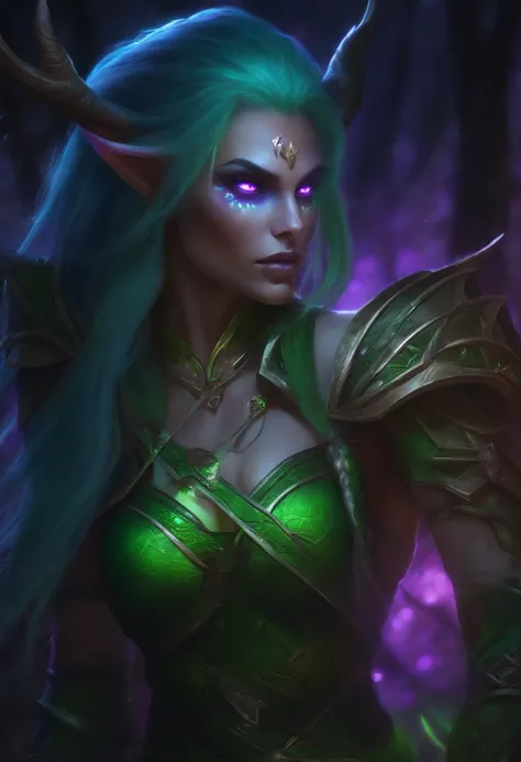 Female Nightelf Huntress with longbow, glowing green light eyes, world of warcraft, eerie, Creepy, nightmarish, Very bright colors, Light particles, with light glowing, Mshiff, wallpaper art, UHD wallpaper