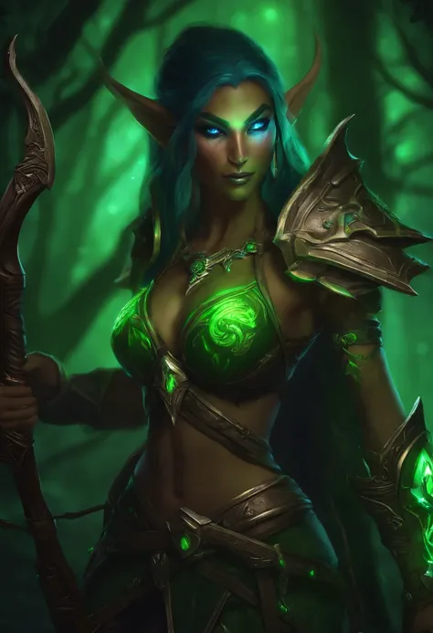 Female Nightelf Huntress with longbow, glowing green light eyes, world of warcraft, eerie, Creepy, nightmarish, Very bright colors, Light particles, with light glowing, Mshiff, wallpaper art, UHD wallpaper