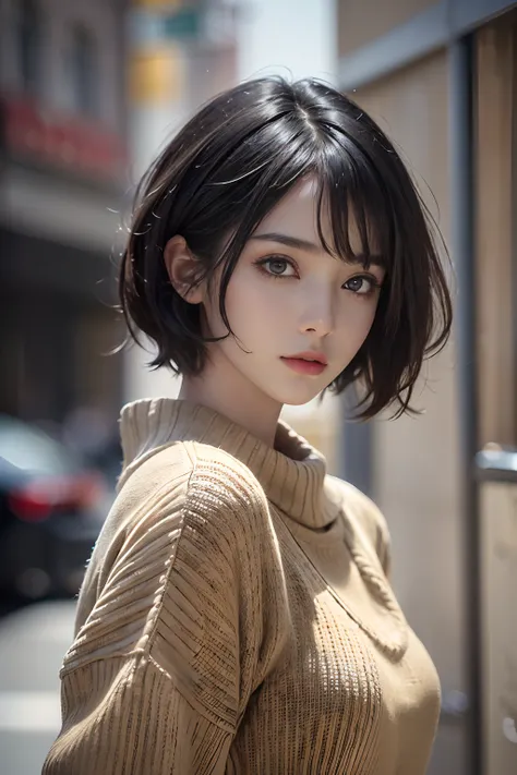 (masterpiece:1.3), (8k, photorealistic, RAW photo, best quality: 1.4), (1girl), beautiful face, (realistic face), (black hair, short hair:1.3), beautiful hairstyle, realistic eyes, beautiful detailed eyes, (realistic skin), beautiful skin, (sweater), absur...