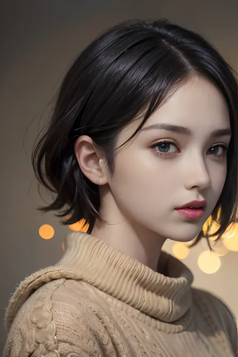 (masterpiece:1.3), (8k, photorealistic, RAW photo, best quality: 1.4), (1girl), beautiful face, (realistic face), (black hair, short hair:1.3), beautiful hairstyle, realistic eyes, beautiful detailed eyes, (realistic skin), beautiful skin, (sweater), absur...