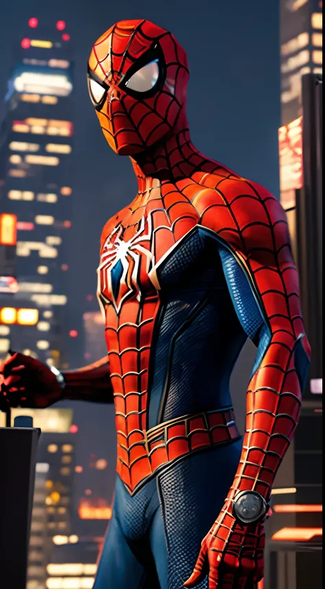 spider - man in a suit standing on a roof with a cyberpunk city in the background, bustling with neon signs, pedro lucia, homem-...