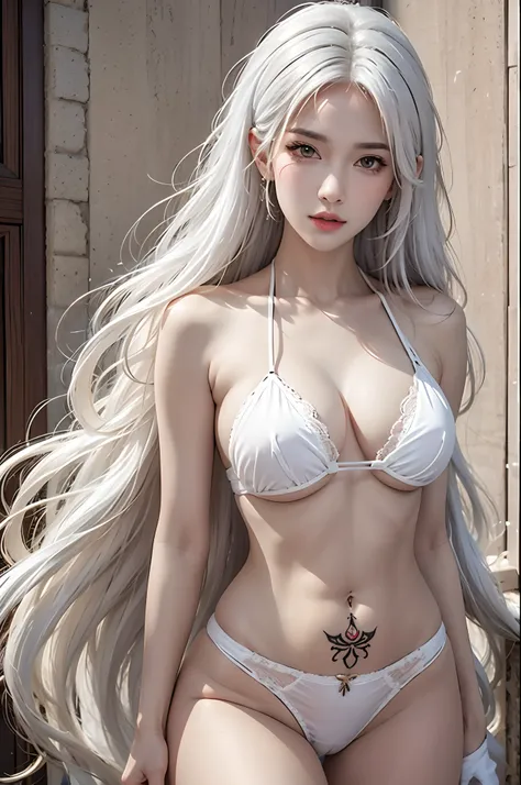 photorealistic, high resolution, 1women, solo, hips up, look at viewer, (detailed face), white hair, long hair, micro-bikini, jewelry, belly tattoo