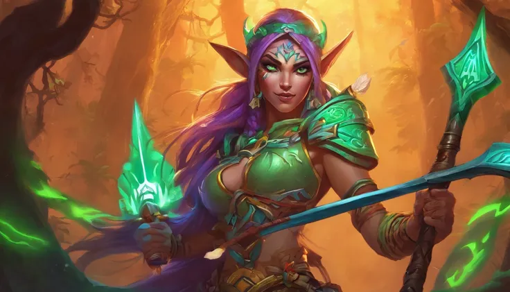 Female Nightelf Huntress with tribal tattoos, longbow in hand with arrow nocked, glowing green light eyes, world of warcraft, eerie, Creepy, nightmarish, Very bright colors, Light particles, with light glowing, large white lion companion, Mshiff, wallpaper...