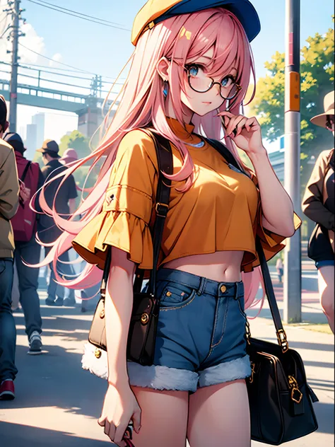 Masterpiece, High Quality, beautiful, extra details, Best quality, 1girl, blue golf cap, orange and pink hair, round gold glasses, white and blue croptop, one yellow handbag, mini shorts, looking at Viewer