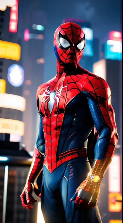 Spider - Man in a suit standing on a roof with a cyberpunk city in the background, Bustling with neon signs, Posar, Pedro Lucia, Homem-Aranha, aranha - homem, Retrato do Homem-Aranha, hq 4k papel de parede, Aranha altamente detalhada - Man, peter parker co...