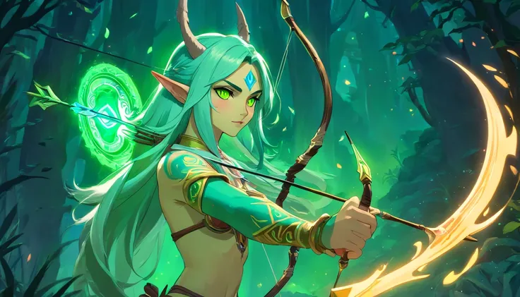 Female Nightelf Huntress with tribal tattoos, longbow in hand with arrow nocked, glowing green light eyes, world of warcraft, eerie, Creepy, nightmarish, Very bright colors, Light particles, with light glowing, large white lion companion, Mshiff, wallpaper...