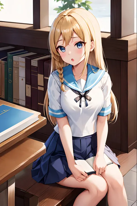 masterpiece, best quality, highres, bbhayasaka, single braid, medium breasts, school uniform, serafuku, blue sailor collar, sailor shirt, white shirt, short sleeves, pleated skirt, blue skirt, library, sitting, book, table, :o