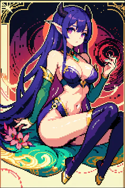 (​masterpiece、top-quality、top-quality)、pixels、Pixel art、女の子1人、full body Esbian、Succubus,thighhigh,long slit,Purple hair