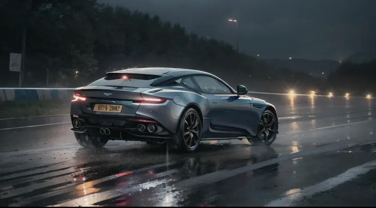 (8k, RAW photo, best quality, masterpiece:1.2), (realistic, photo-realistic:1.37), (full body:1.3) (detailed), (highres), high angle shot 3/4 view aston martin db11 wagon driving on a race track, stormy weather, (wet:1.2), (water dust:1.2), 8k uhd, high qu...