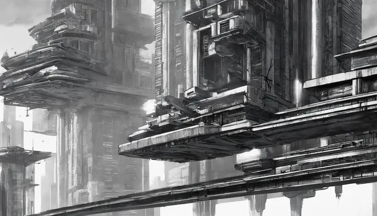 A dystopian futuristic metropolis with plenty of brutalist architecture