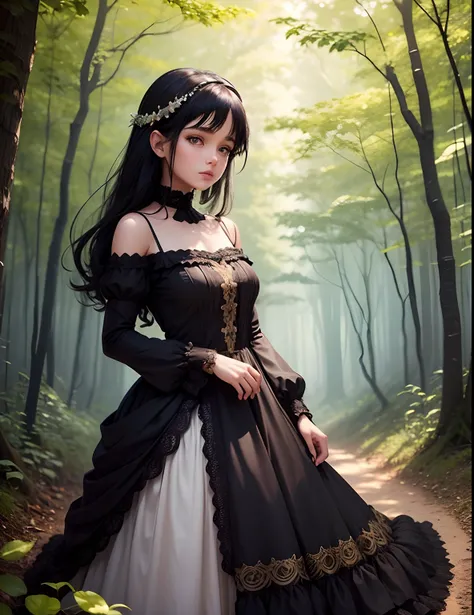 1girl with black hair, beautiful dress, beautiful brown eyes, in a whimsical setting of a fairy forest, beautiful scene, cinematic, 8k --auto