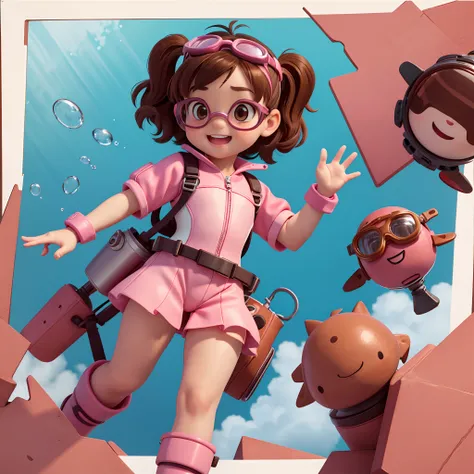 Front-facing image, a 4-year-old little girl waving her hand towards the camera, 3 frames for character animation, identical character design in each frame, the little girl is alone, happy, with brown hair, brown eyes, rosy cheeks, diving goggles, pink div...