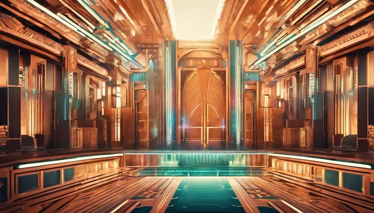 A futuristic Decopunk utopian metropolis with lots of Art Deco architecture, soft-lighting, foco nítido, qualidade 8k, Foto RAW