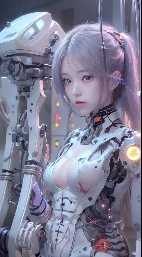 (((Masterpiece)))), (((highest quality)))), ((Ultra Definition)), (Very Detailed Photoreality), (((Very Delicate and Beautiful)), (Delicate and Pretty Face), Cinematic Light, (((1 Machine Girl)), Solo, Full Body, Big, Cleavage Is Visible Skin, White Hair, ...