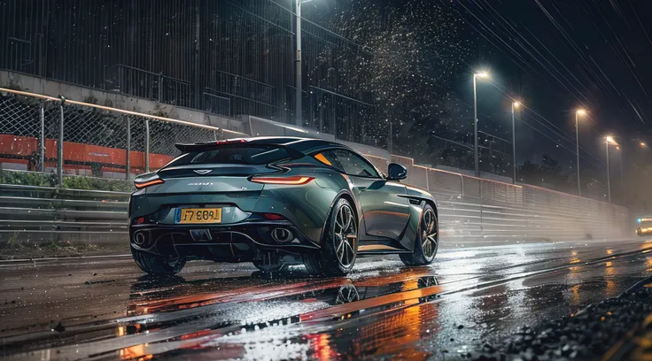 (8k, RAW photo, best quality, masterpiece:1.2), (realistic, photo-realistic:1.37), (full body:1.3) (detailed), (highres), high angle shot 3/4 view aston martin db11 wagon driving on a race track, stormy weather, (wet:1.2), (water dust:1.2), 8k uhd, high qu...