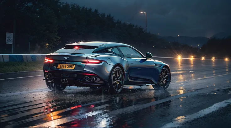 (8k, RAW photo, best quality, masterpiece:1.2), (realistic, photo-realistic:1.37), (full body:1.3) (detailed), (highres), high angle shot 3/4 view aston martin db11 wagon driving on a race track, stormy weather, (wet:1.2), (water dust:1.2), 8k uhd, high qu...