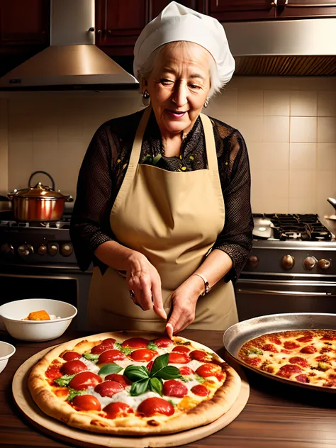 realistic art, a wide angle picture of a Italian grandma making a delicious homemade pizza and ingredients , in a big kitchen, fire oven, light it fire, ((melted cheese, bacon, sausage, pepperoni, jalapeno, san marzano tomatoes, basil)), photorealistic, hi...