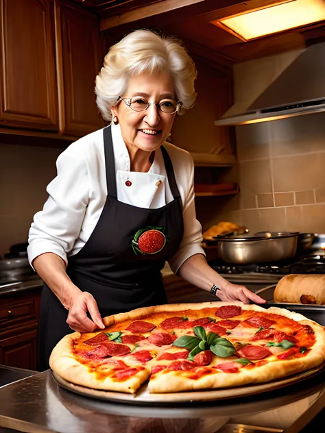 realistic art, a wide angle picture of a Italian grandma making a delicious homemade pizza and ingredients , in a big kitchen, fire oven, light it fire, ((melted cheese, bacon, sausage, pepperoni, jalapeno, san marzano tomatoes, basil)), photorealistic, hi...